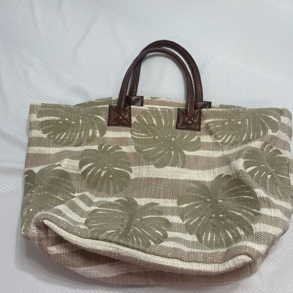 J Jill Purse Large Tan Fabric Handbag Hobo Bag Boho Tropical Leaves Lightweight - Picture 6 of 10